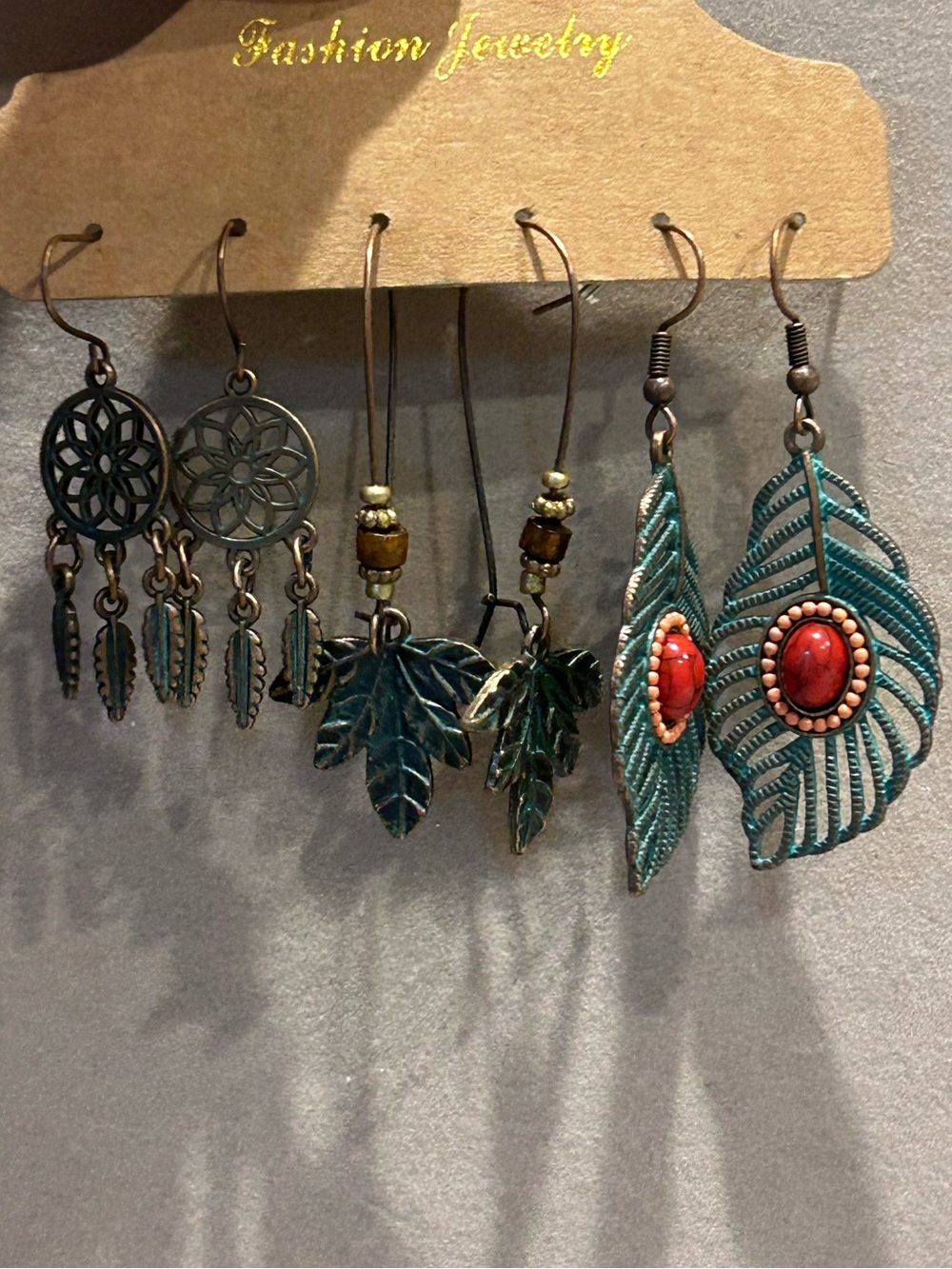 Fashion Jewelry Teal Leaf and Red Stone Dangle Earrings Set